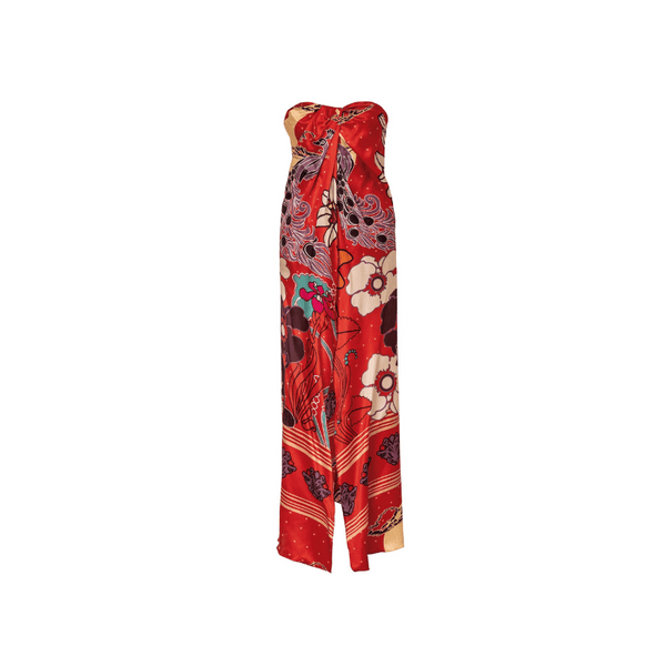 Bardot Silk Maxi Dress - Red Moonlight Garden - Villa Yasmine